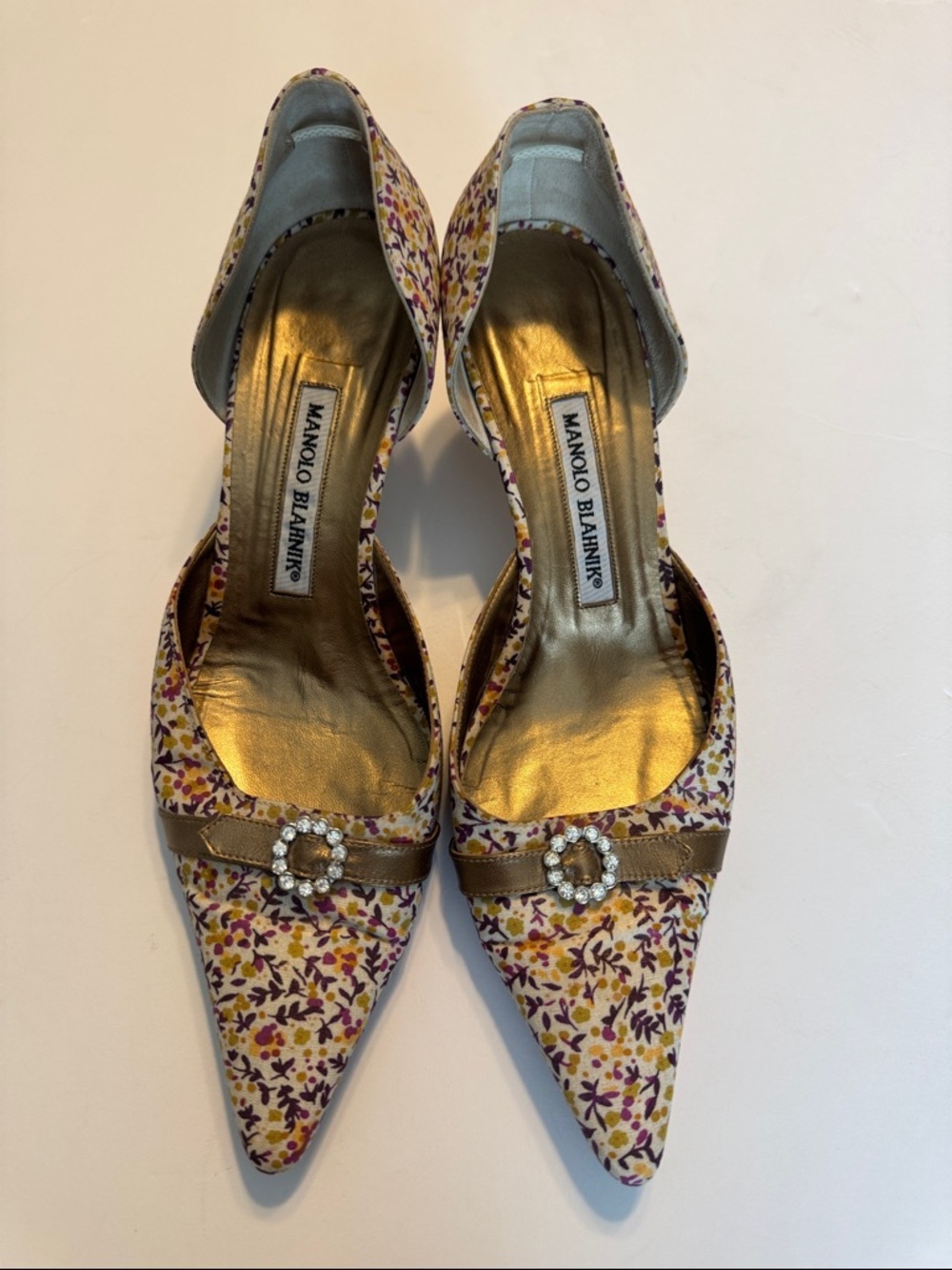 Manolo Blahnik Yellow Floral D'Orsay Pointed-Toe Pump with Crystal Buckle
